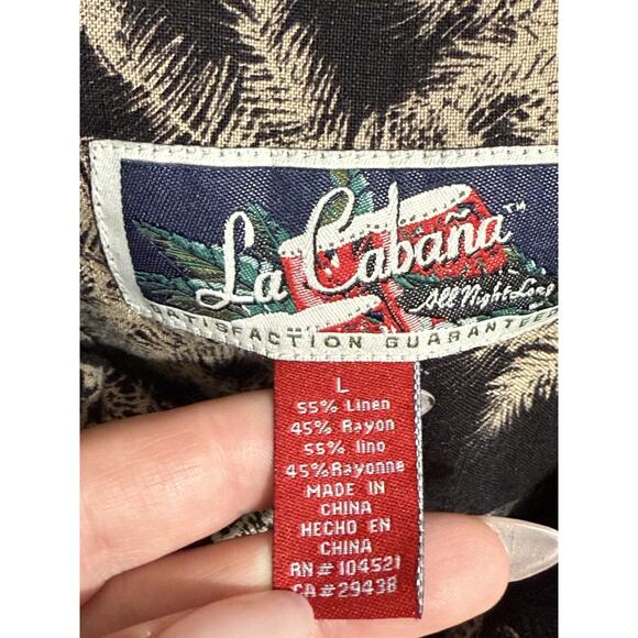 La Cabana Long Linen Blend Hawaiian Shirt Mens L Short Sleeve Black Tan NWOT - Picture 2 of 2